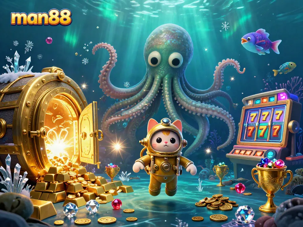 Experience the thrilling world of online gaming with man88, featuring a kraken, diving cat, and vibrant slot elements.