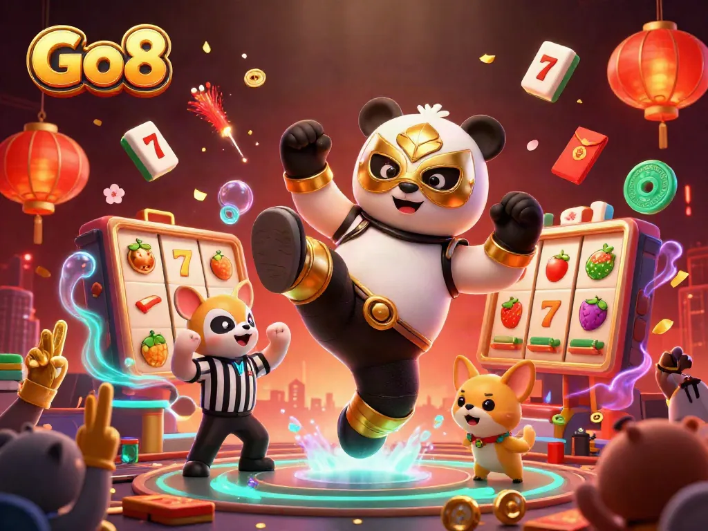 Experience Go8 action with a vivid scene of a panda wrestler and energetic spectators in a lively casino environment.