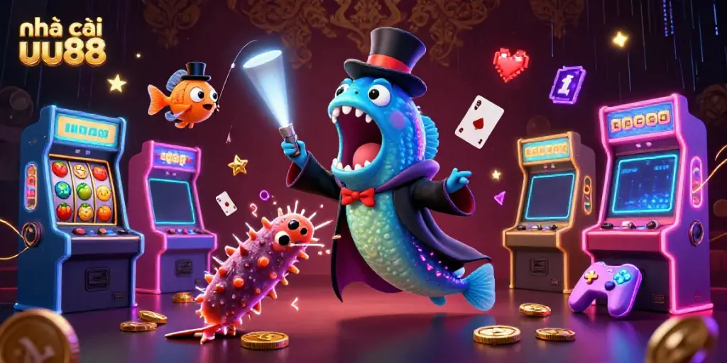 Engage with nhà cái uu88 through a vibrant 3D illustration uniting casino gaming elements and playful characters.
