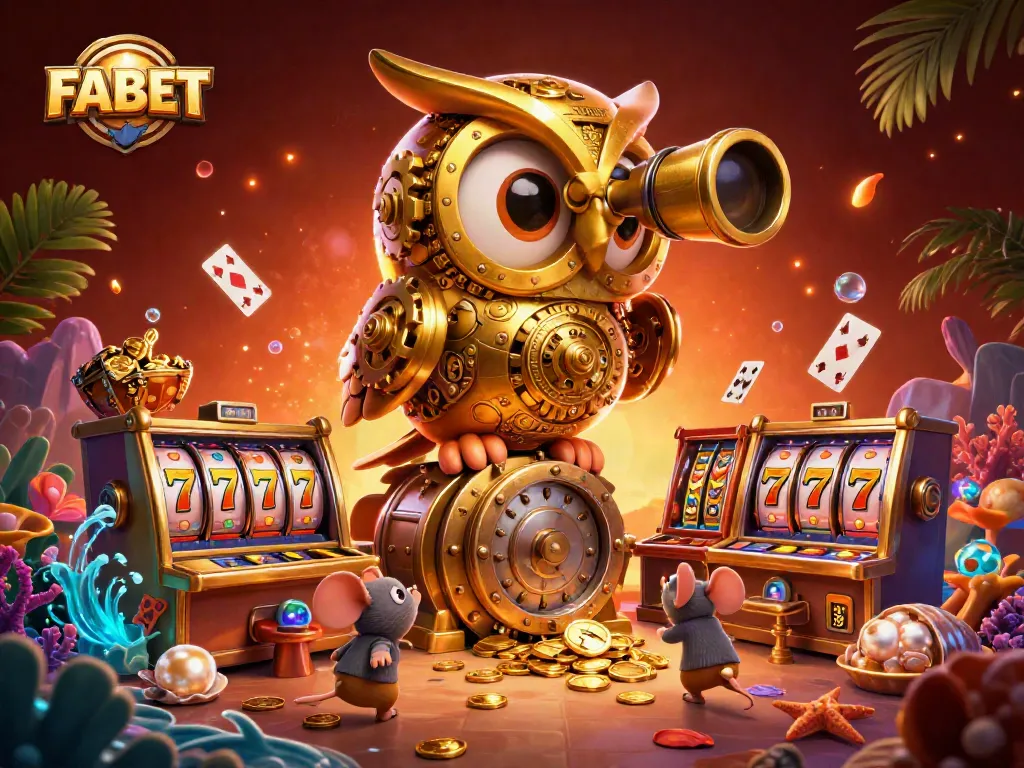 Experience thrilling gameplay at FABET with vibrant slot machines and cartoon characters in a dynamic casino scene.