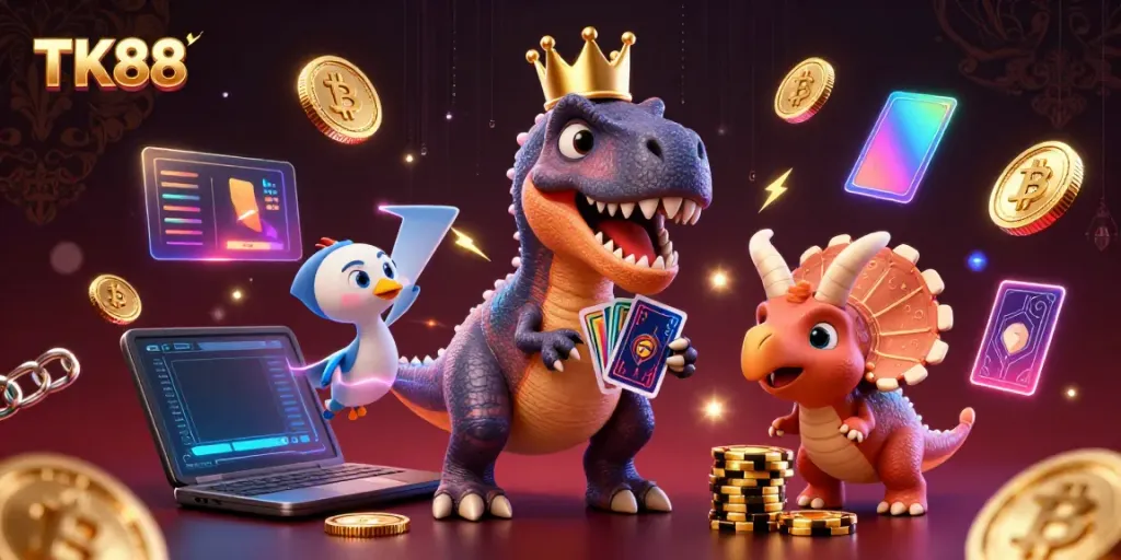 Engage with TK88 at a vibrant online casino featuring playful cartoon dinosaurs and cryptocurrency elements.