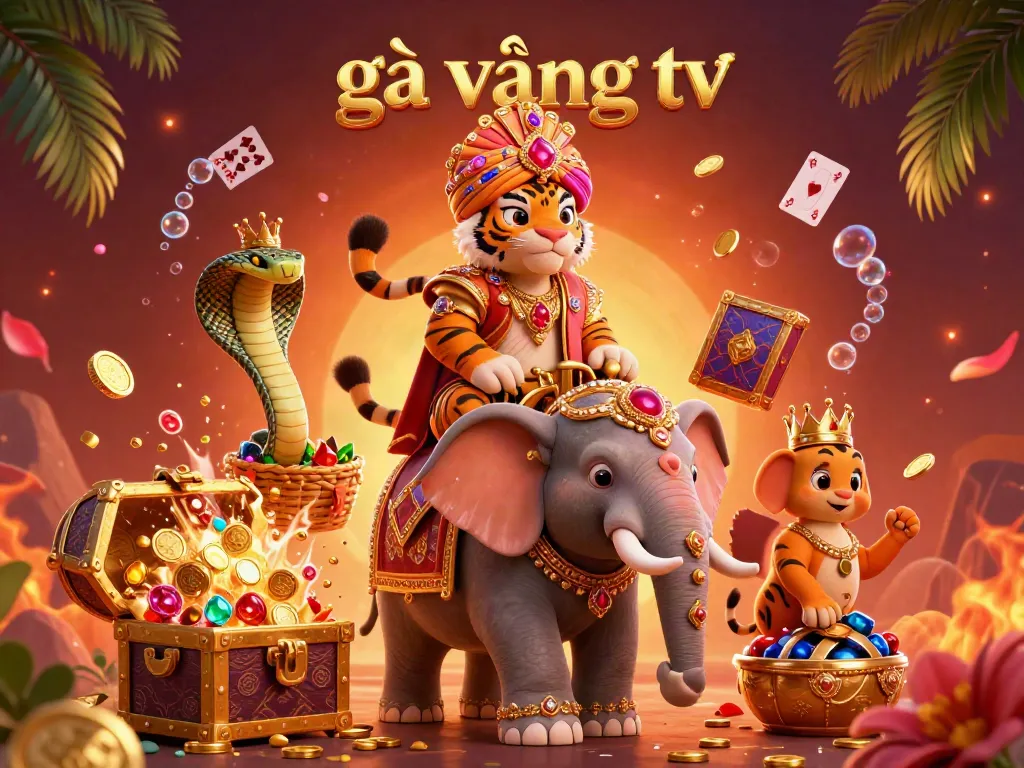 Experience the excitement of gà vàng tv with a vibrant illustration showcasing a regal tiger, an elephant, and casino elements.