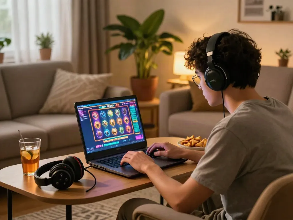Engaged player at a situs slot gacor gaming session in a cozy living room.