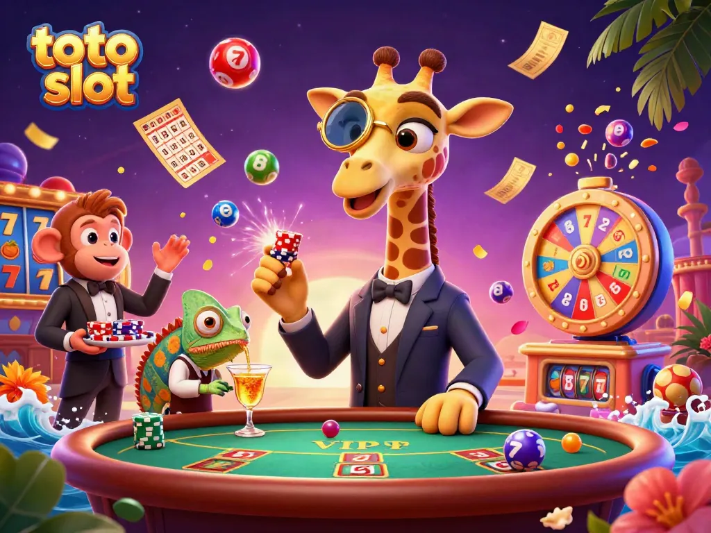 Experience thrilling gameplay with toto slot amidst vibrant casino energy, featuring a high-roller giraffe and lively characters.