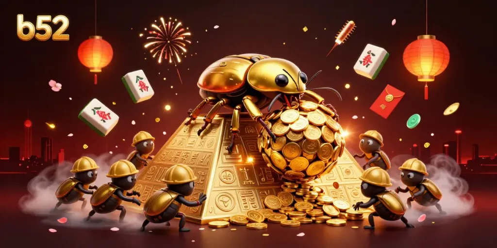 Engage in thrilling gameplay as b52 showcases epic 3D casino adventures with golden beetles and vibrant symbols.