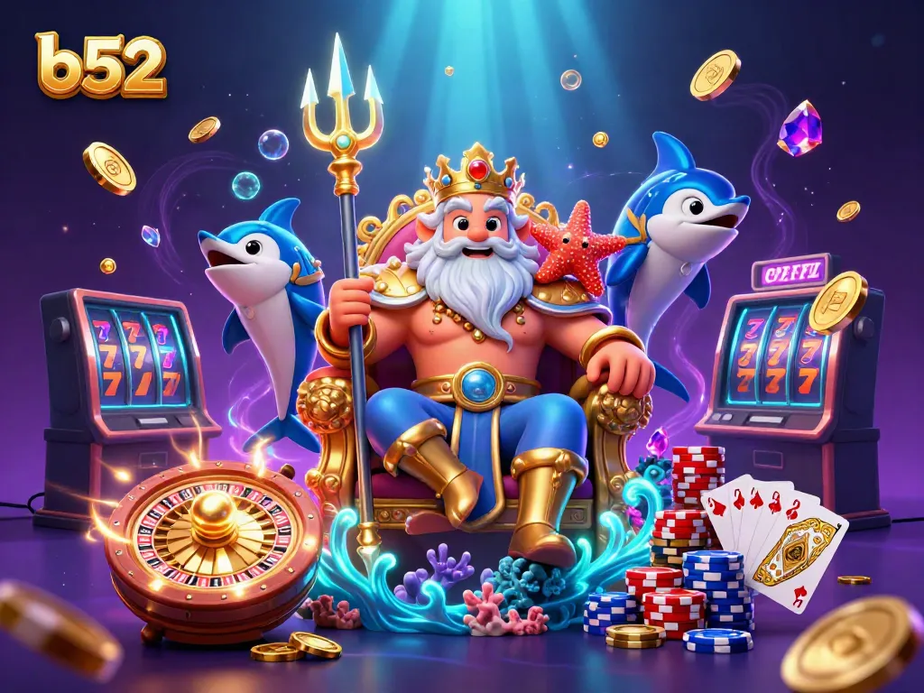 Experience thrilling gameplay at b52 with Neptune and samurai, as coins and cards cascade in a vibrant underwater casino scene.