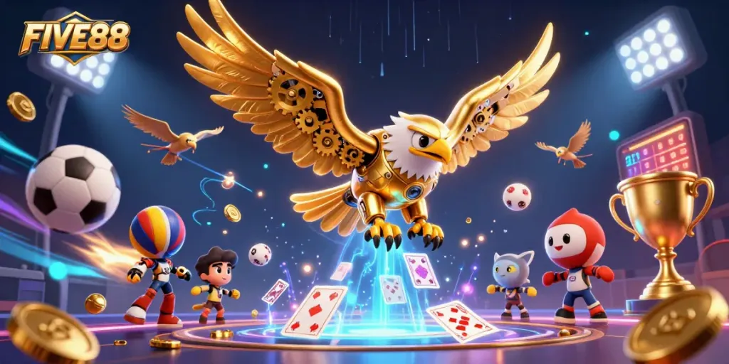 Experience exhilarating gaming action with FIVE88, featuring dynamic sports elements and a cybernetic eagle.