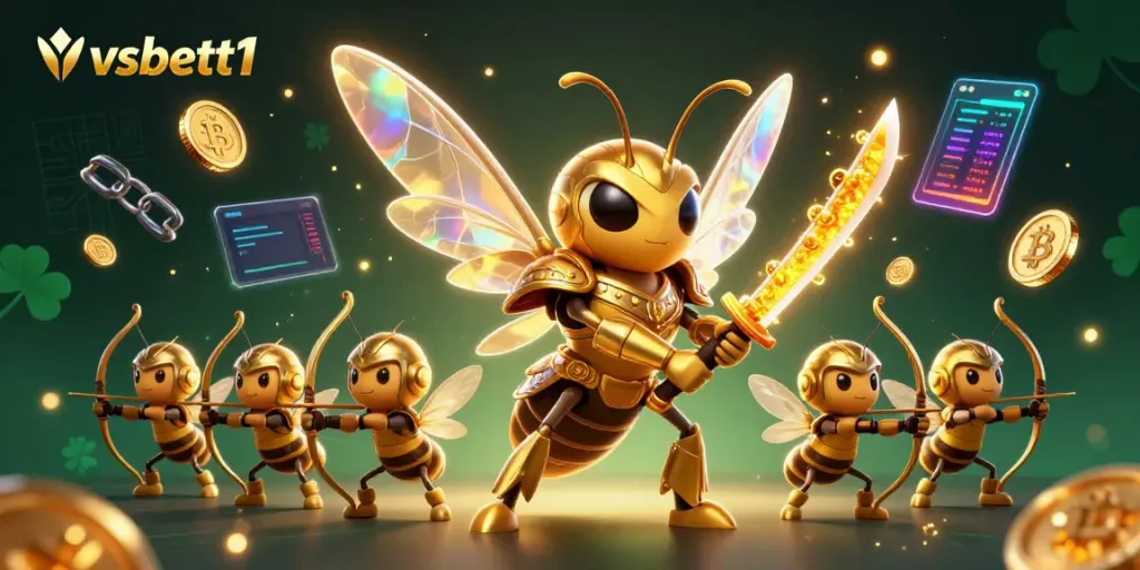 Experience the vibrant gaming world of vsbett1 with a 3D hornet in samurai armor and crypto coins!