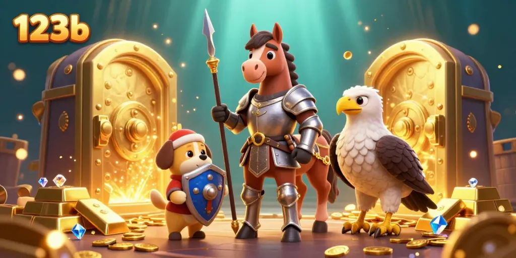 Bet on 123b with knights and treasure in this vibrant casino adventure, featuring gold and gems.