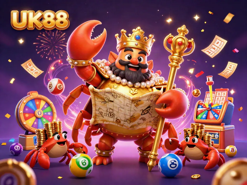 Experience vibrant gaming excitement with UK88's golden crab emperor amid lottery thrills and colorful celebrations.