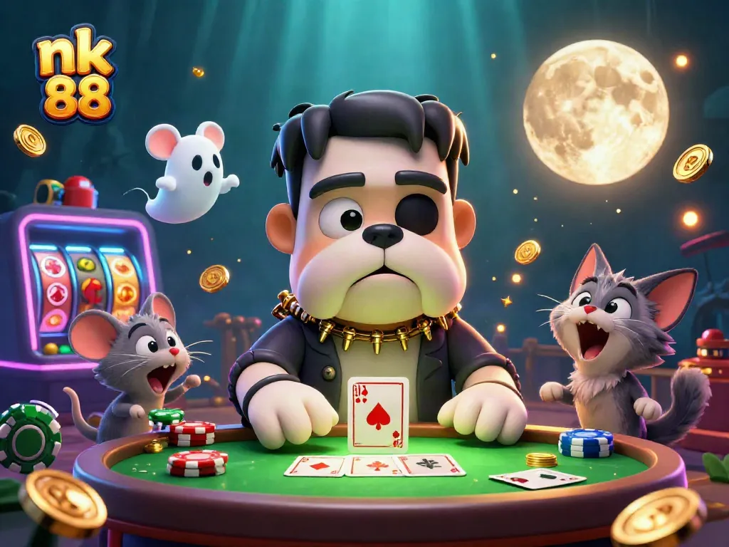 Engage in thrilling gaming with nk 88's vibrant casino scene featuring lively characters and rich decor.
