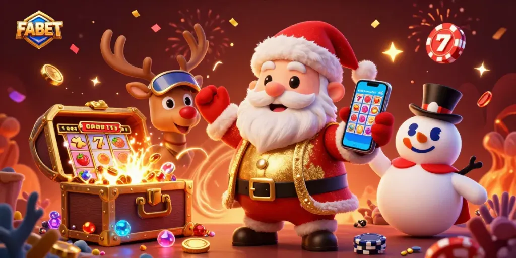 Win big with FABET in a festive casino scene featuring Santa, reindeer dealer, and a poker chip snowman!