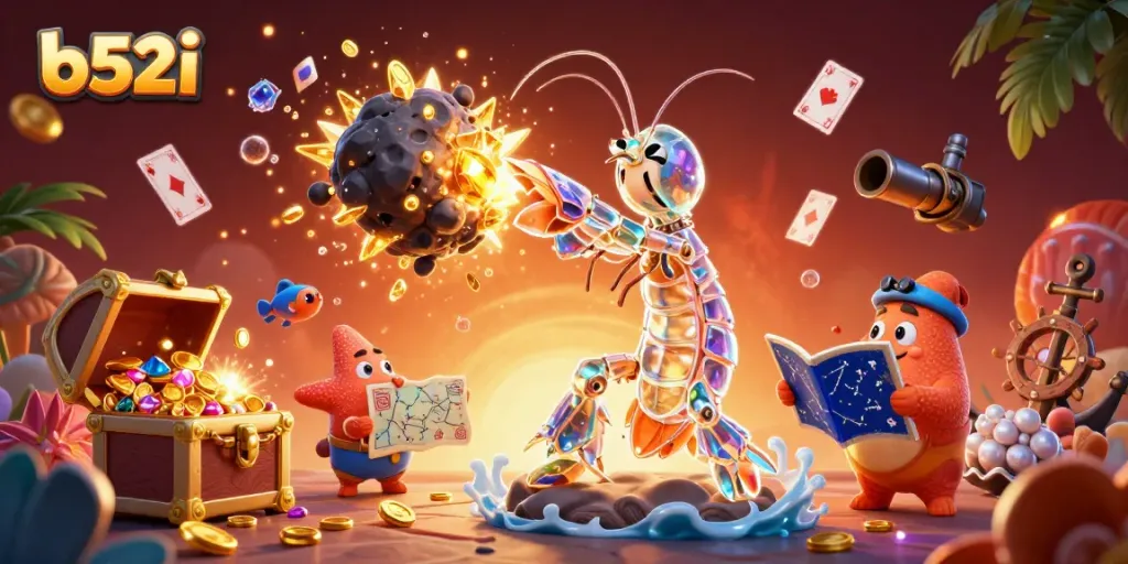 Experience thrilling action at b52i with a galactic samurai shrimp amidst gems and casino elements.