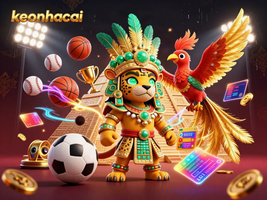 Engage with keonhacai's dynamic sports betting scene featuring a Mayan jaguar priest beside a quetzal bird.