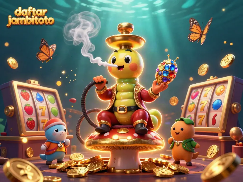 Engage in daftar jambitoto with a fantasy casino scene featuring vibrant slot reels and a unique caterpillar character.