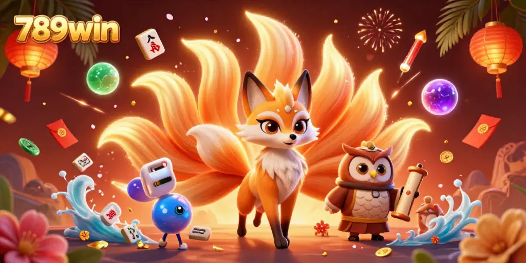 Experience thrilling gameplay with the 789win nine-tailed fox spirit amidst floating mahjong tiles and colorful lanterns.