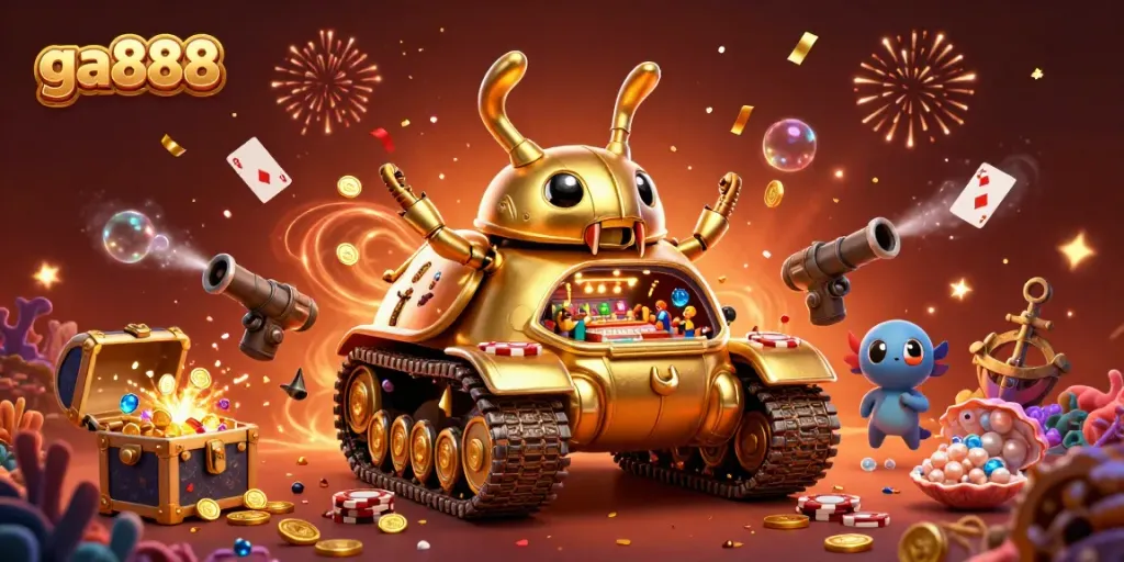 Experience exciting gaming action at ga888 featuring a vibrant casino scene inside a golden beetle tank!