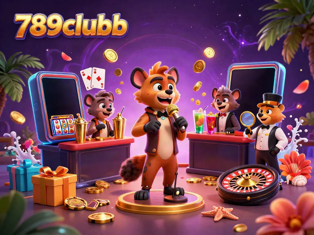 Experience the vibrant casino atmosphere with 789clubb as hyenas entertain and mix drinks amidst gaming excitement.