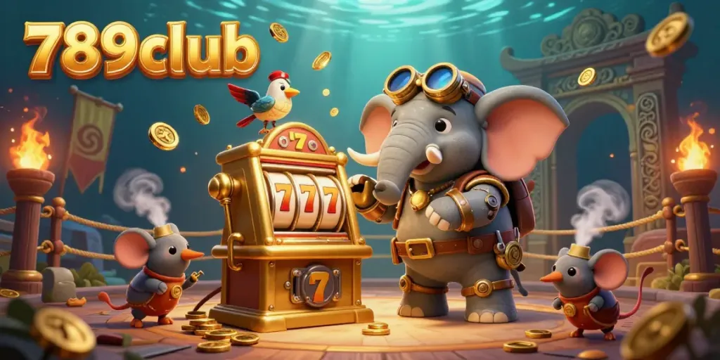 Experience thrilling gaming excitement at 789club with a bustling steampunk casino scene filled with unique characters and slot machines.