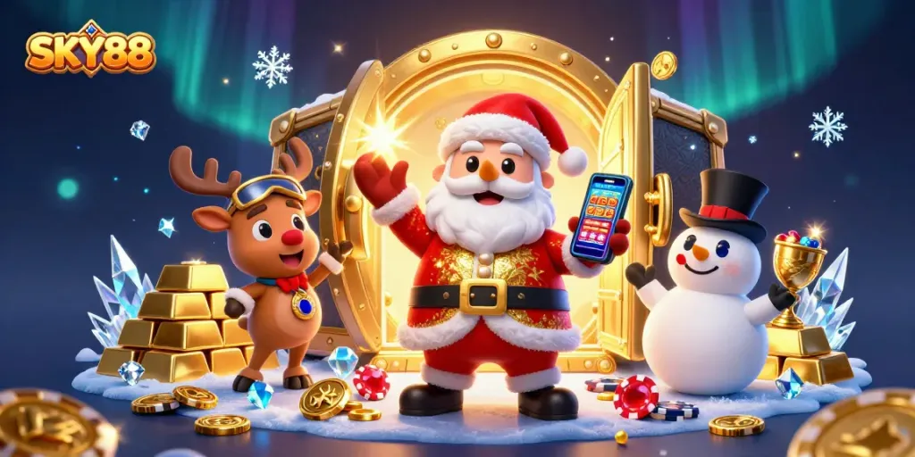 SKY88 enhances betting excitement with cartoon Santa and friends in a lively casino setting.