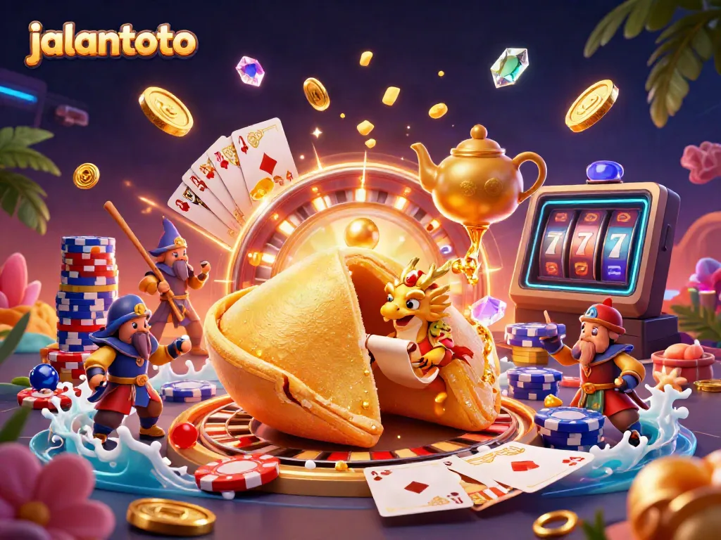 Play exciting games at jalantoto, featuring a golden fortune cookie scene with vibrant casino elements.