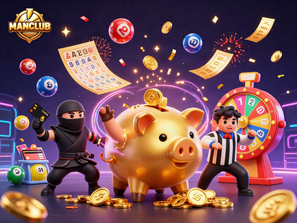 Engage with the MANCLUB gaming scene featuring lively cartoon characters in a dynamic lottery showdown.