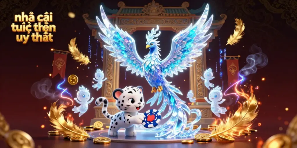 Experience the vibrant magic of nhà cái trực tuyến uy tín with an ice phoenix and glowing sprites in a dynamic casino scene.