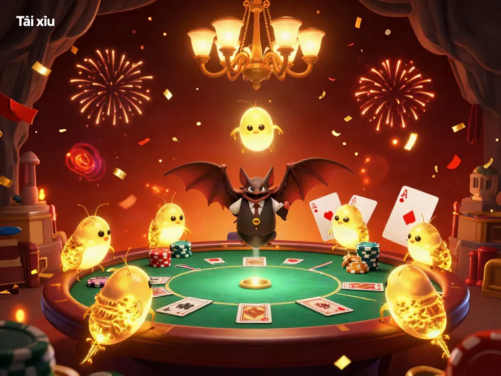 Engaging Tài xỉu online casino scene with glowworms and a bat dealer in a vibrant atmosphere.
