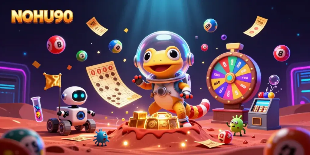 Experience the excitement of NOHU90 with a vibrant 3D casino adventure featuring a Martian gecko and dynamic gaming elements.