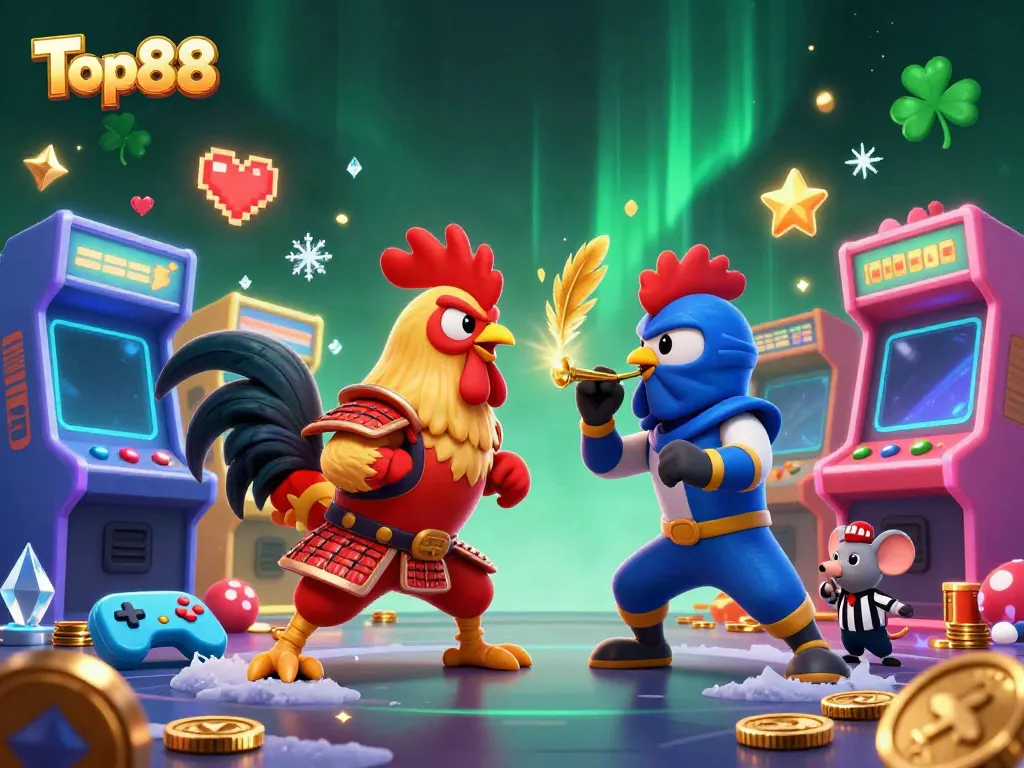 Engage with the thrilling Top88 rooster showdown amidst vibrant gambling game aesthetics.