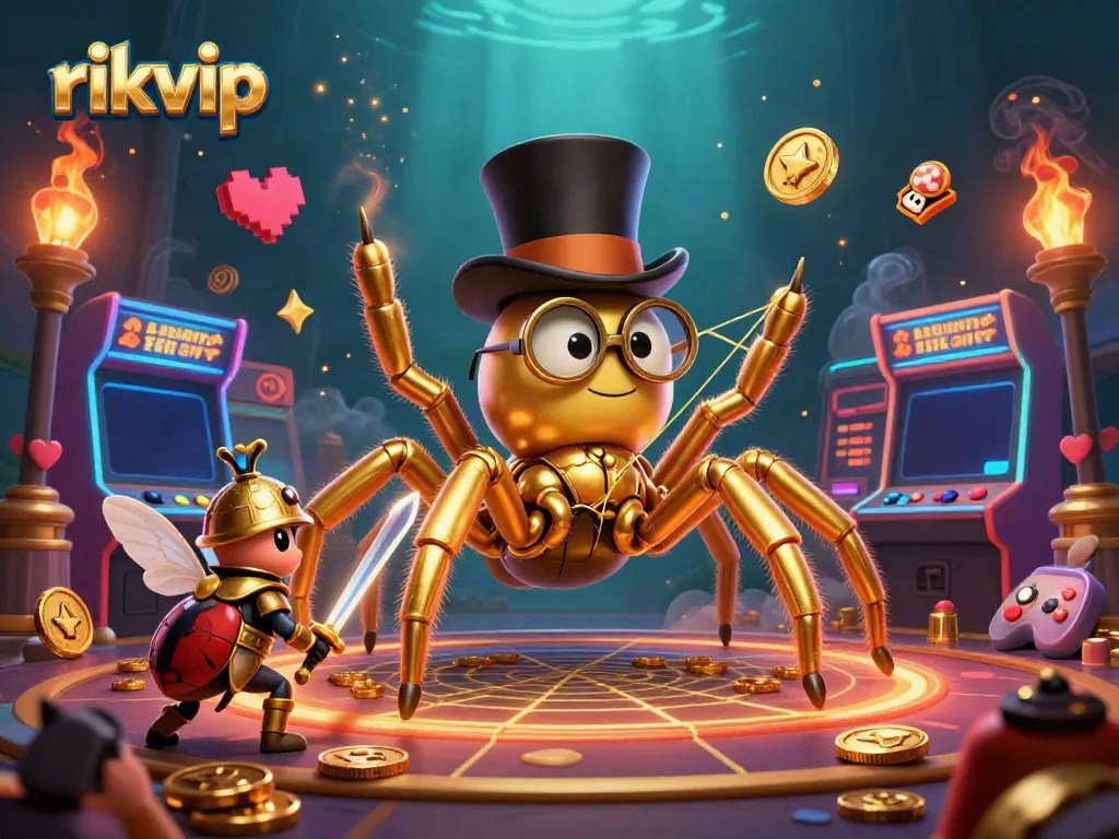 Engage in thrilling gameplay at rikvip with a vibrant casino scene featuring a golden tarantula and heroic beetle.