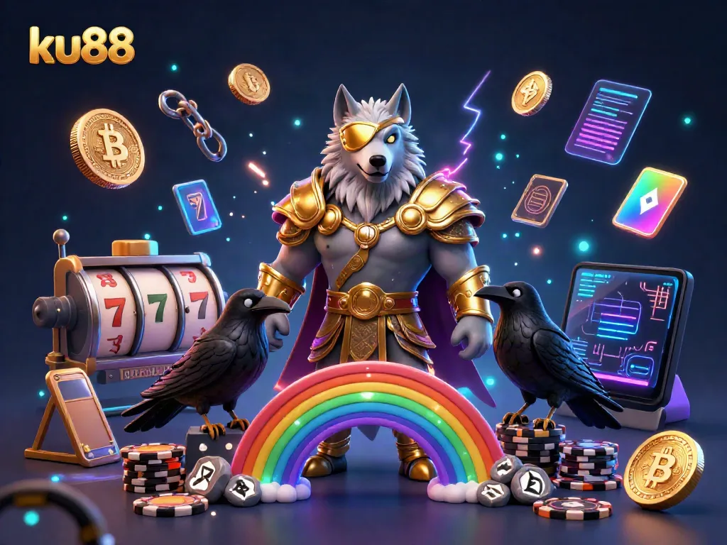 Witness the excitement of ku88 with an Odin-inspired wolf, casino chips, and vibrant 3D elements illuminating the scene.
