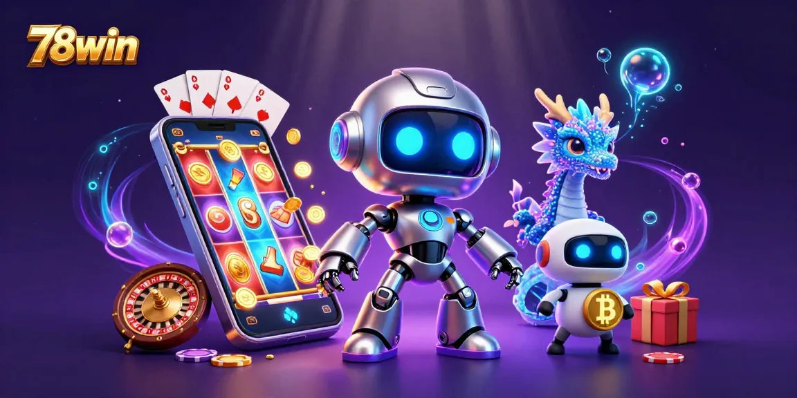 Engage with 78win's vibrant 3D casino scene featuring a cyberpunk robot, AI dragon, and bitcoin drone.