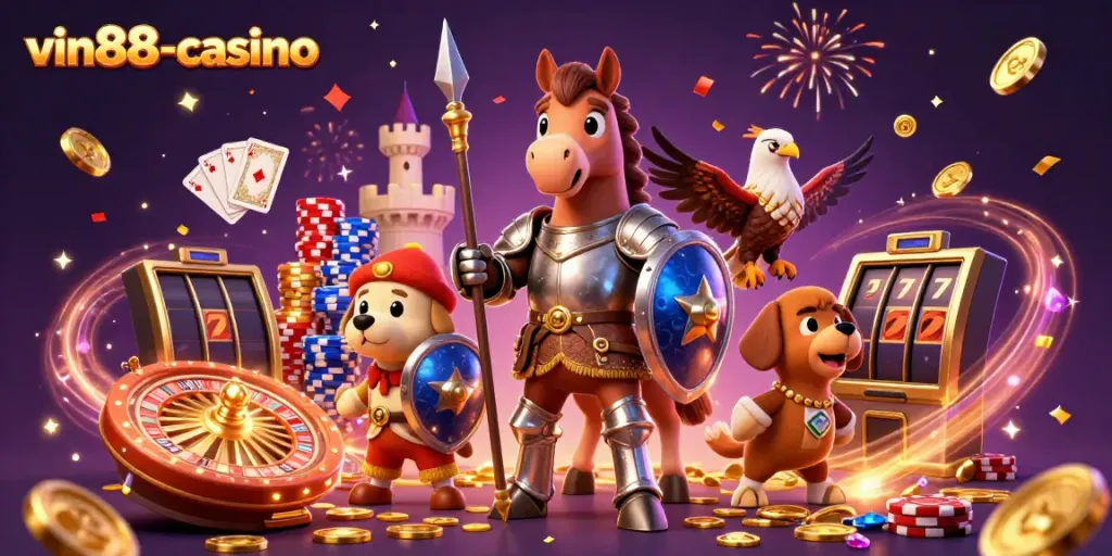 Experience the excitement of vin88-casino with golden coins, spinning roulette, and characters celebrating in a vibrant scene.