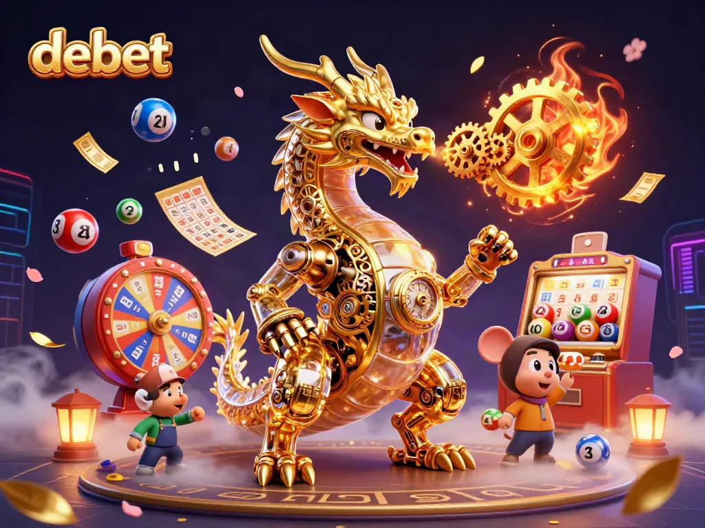 Experience a dynamic debet gambling scene with a golden dragon, lottery balls, and vibrant prizes.
