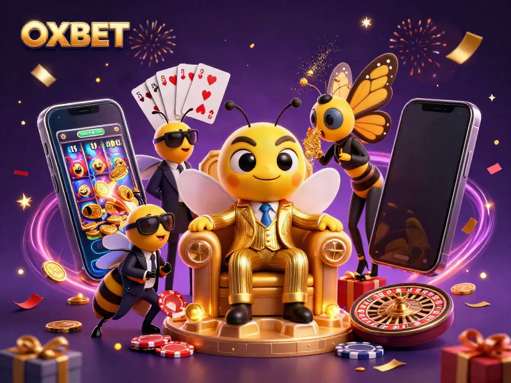 Experience the excitement of OXBET with a 3D cartoon mob boss and vibrant gaming elements.