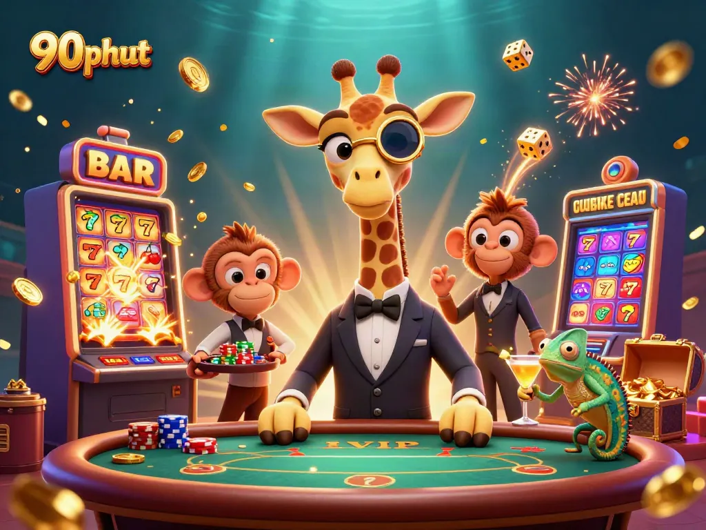 Bet on thrilling games with 90phut, featuring a high-roller giraffe in a vibrant casino scene.
