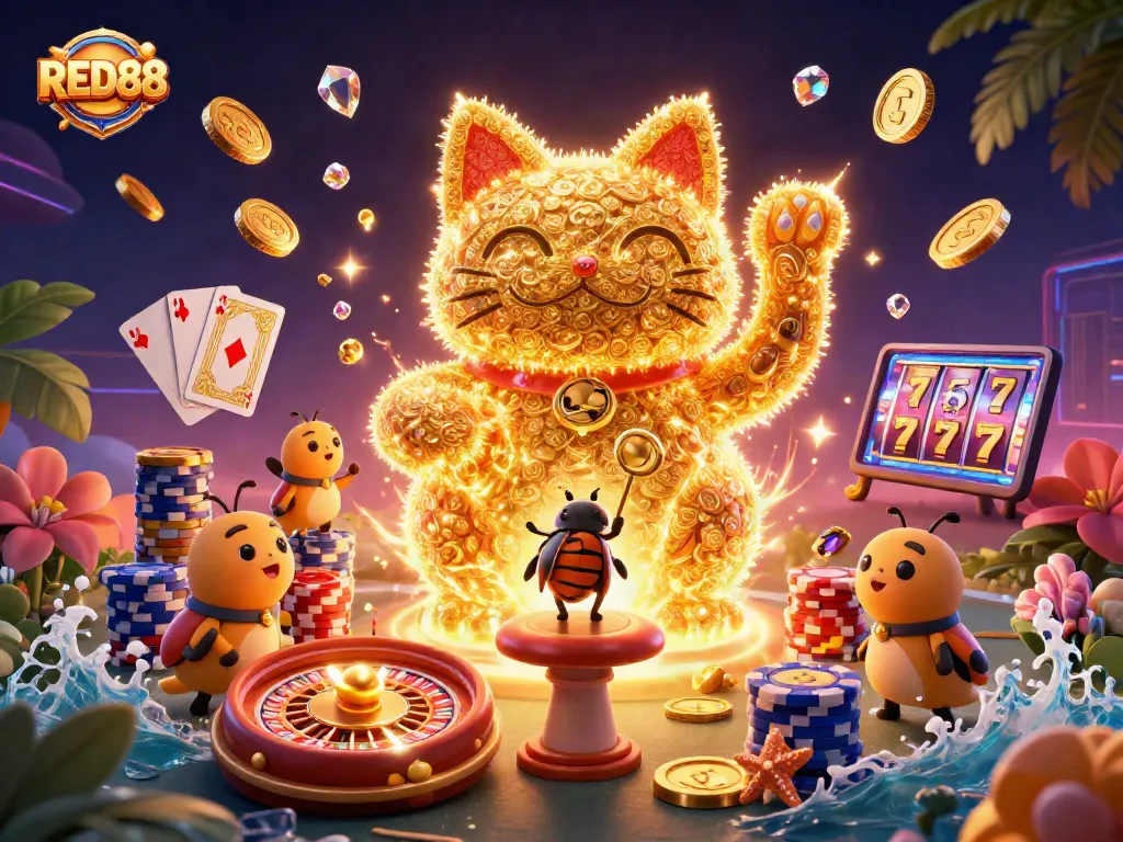 Play vibrant games and strike gold with RED88’s lucky cat and casino symbols