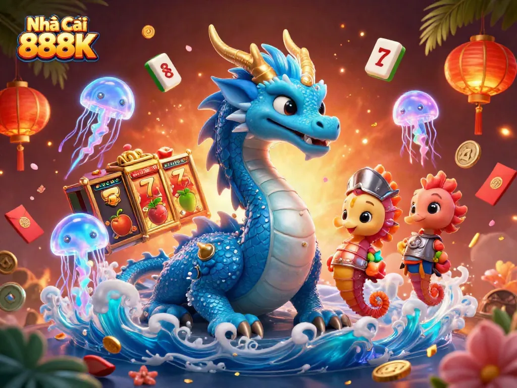 Engage with exciting games at Nhà Cái 888K, featuring vibrant 3D dragons and exciting casino elements.