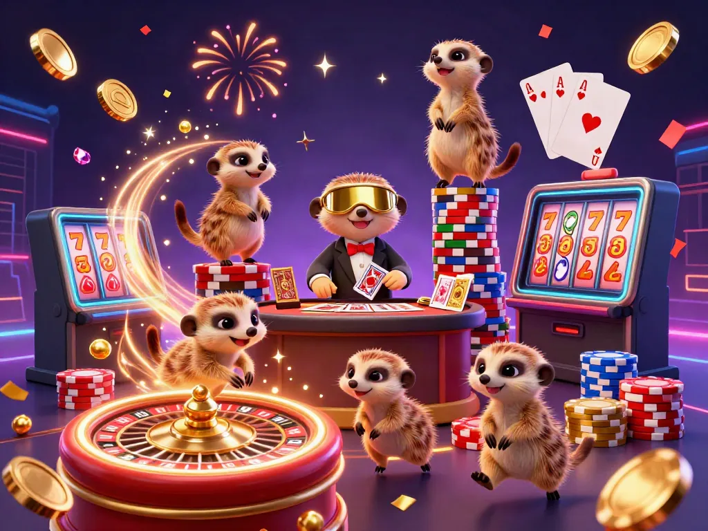 Engage with hitclub-pro's exhilarating casino atmosphere, featuring meerkats in a lively casino scene.