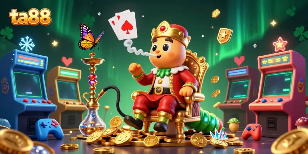 Engage with ta88's vibrant 3D casino scene featuring a caterpillar master and poker elements.