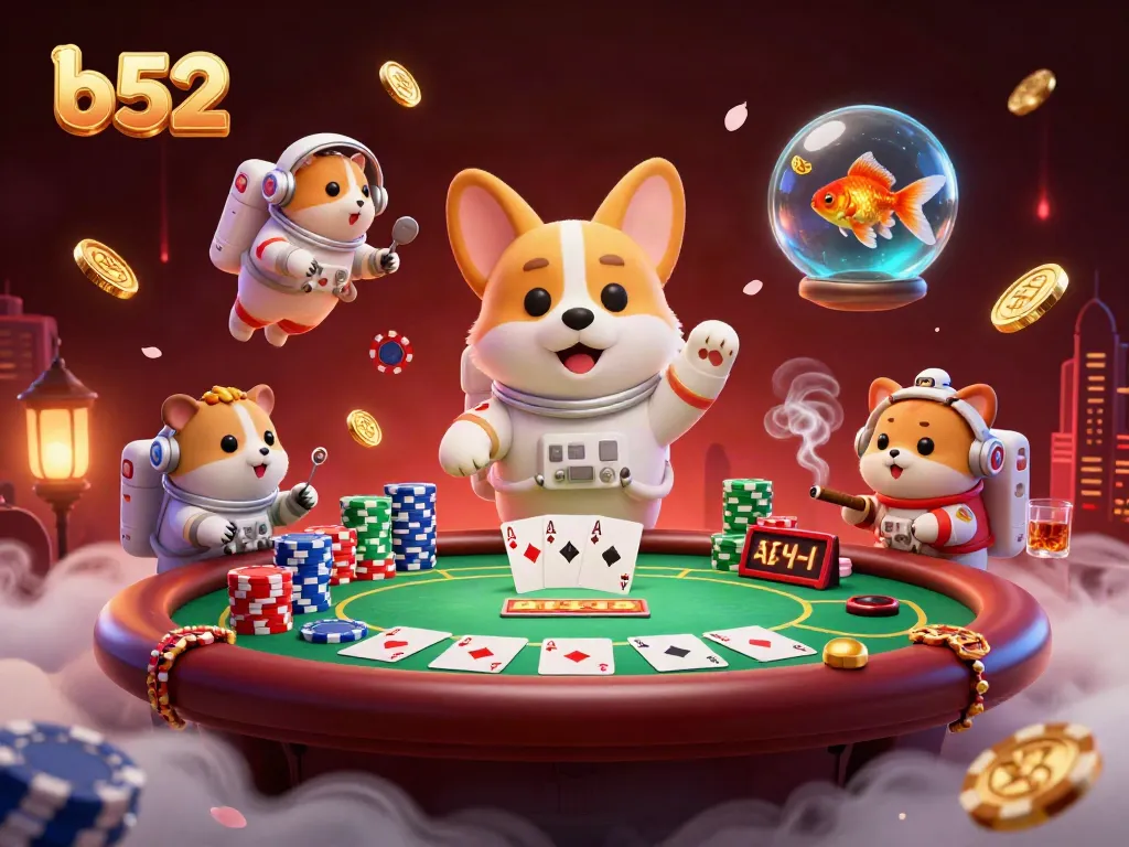 Experience the thrill of b52 gaming with a colorful, 3D casino scene featuring unique characters in action.