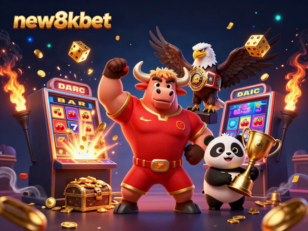 Celebrate big wins with new8xbet, showcasing festive gambling elements and vibrant characters.