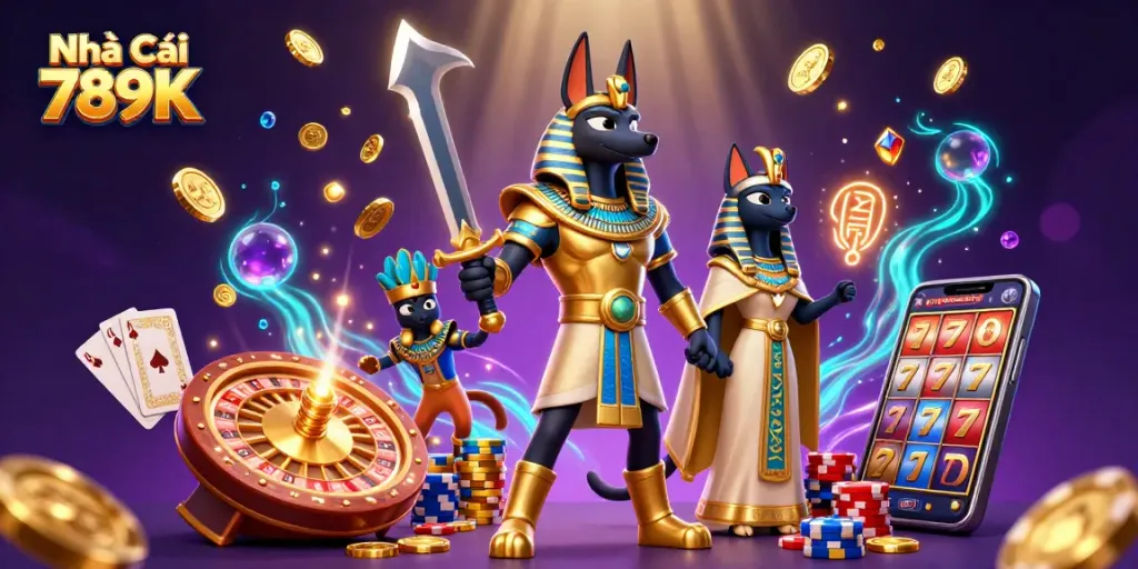 Experience thrilling games at Nhà Cái 789K with Anubis and Bastet amidst cascading coins and vibrant casino elements.