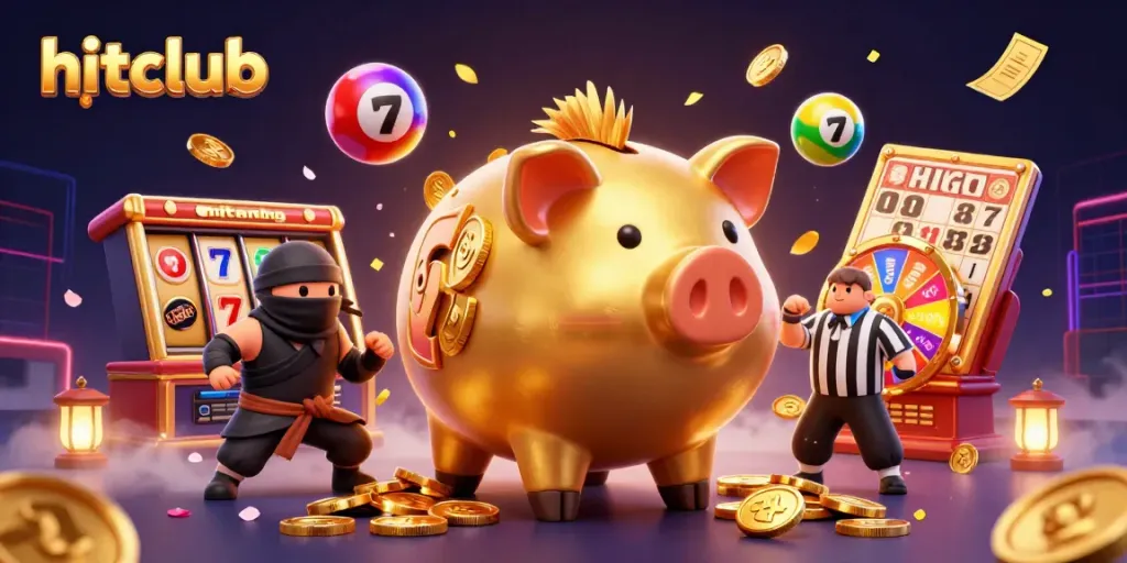 Engage with hitclub's thrilling 3D casino scene featuring a golden piggy bank sumo wrestler and vibrant slot themes.