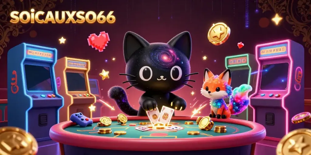 Engage in thrilling gaming at SOICAUXOSO66 with a black hole cat and nebula fox at a cosmic casino table.