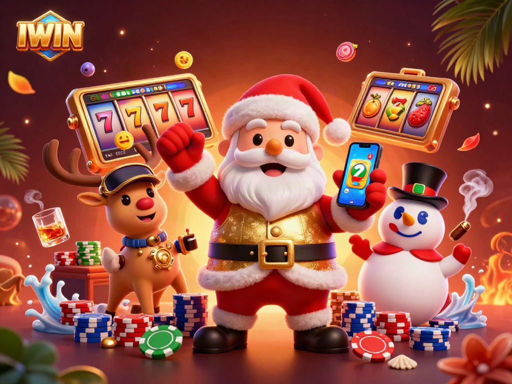 IWIN offers exciting jackpot slots with Christmas-themed characters cheering for big wins in a vibrant casino.