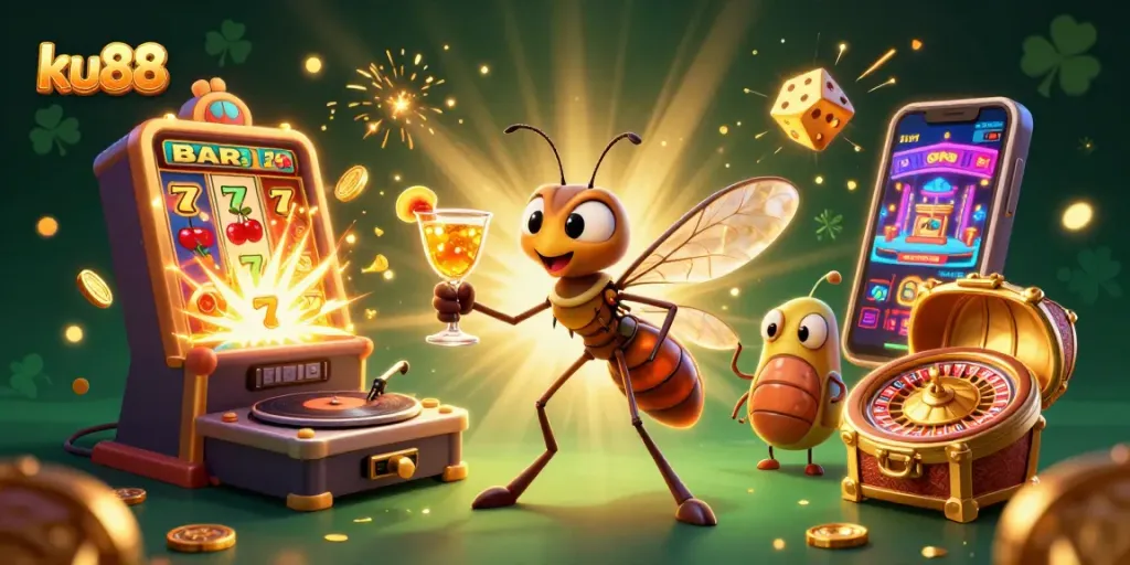ku88 casino mascot offers thrilling gaming experiences with a golden cocktail amidst vibrant slot machine action.
