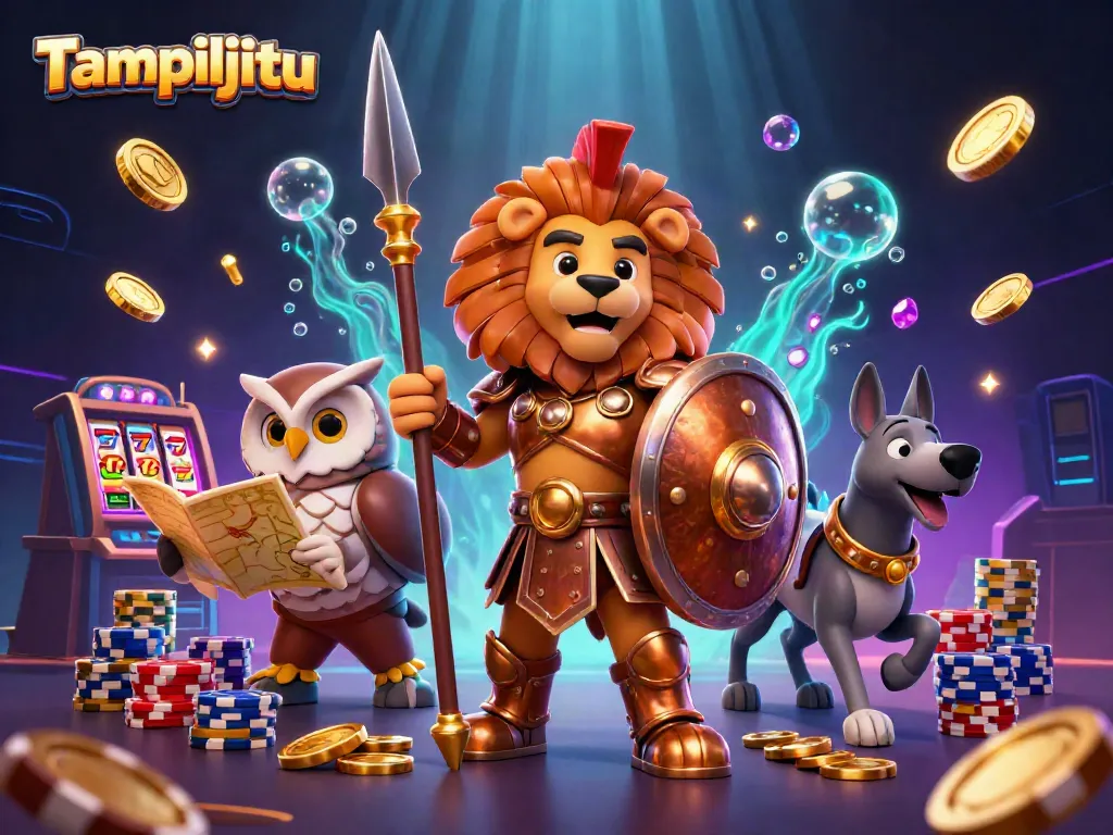 Tampiljitu features a heroic Spartan lion and strategists in an action-packed casino scene with winning elements.