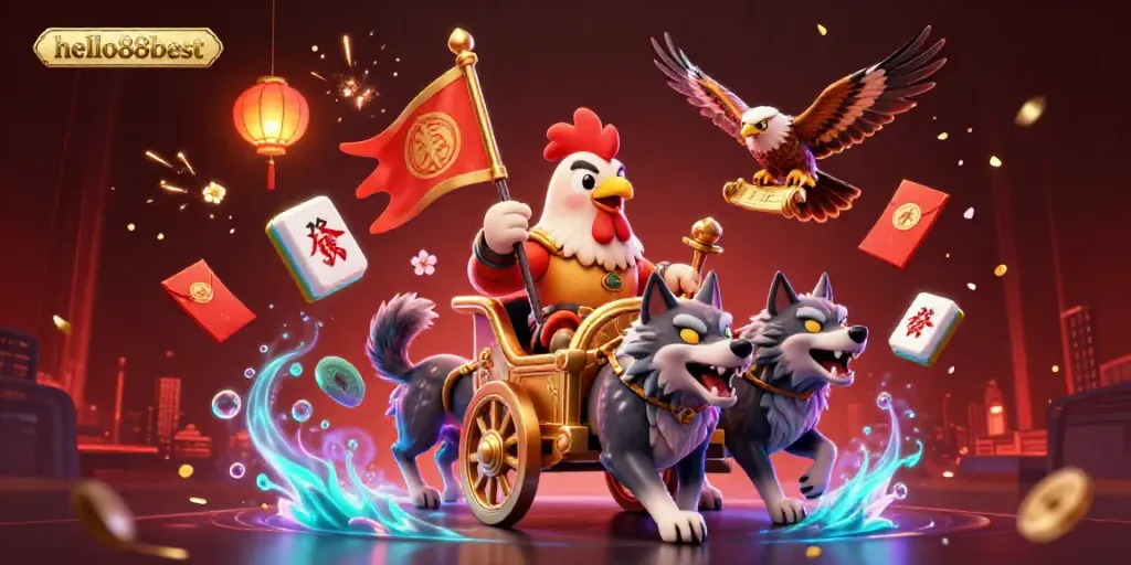 Immerse in the action at hello88best with a rooster warlord in a golden chariot amidst vibrant gambling elements.